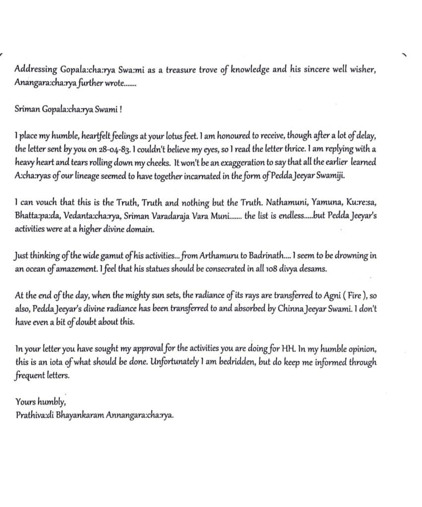 Letter from Prathivadi Bhayankaram Annangaracharya honoring Sri Pedda Jeeyar Swa:mi:ji — from the Satya Sankalpa collection