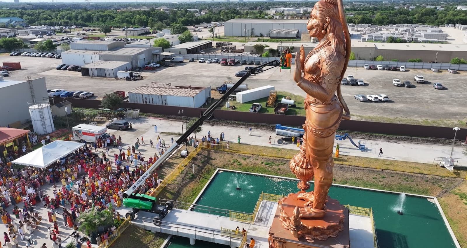 Aerial view of the 90-foot Statue of Union — Abhaya Hanuman at Sri Ashtalakshmi Temple during its inauguration