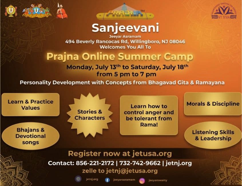 Prajna Online Summer Camp — July 13–18, 2026, 5–7 PM. Personality development with concepts from the Bhagavad Gi:tha & Ramayana.