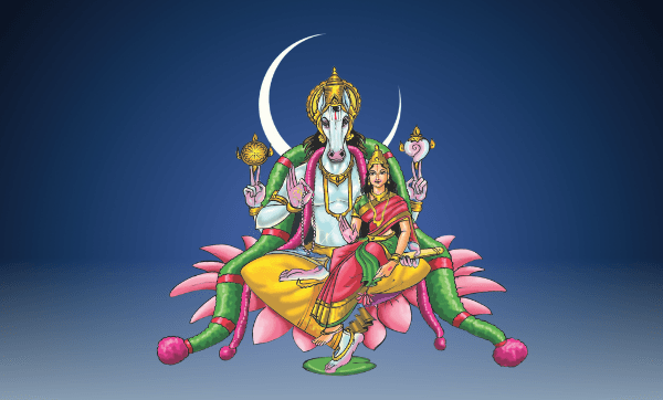 Illustration of Lord Hayagri:va with Sri Lakshmi seated on a lotus beneath a crescent moon