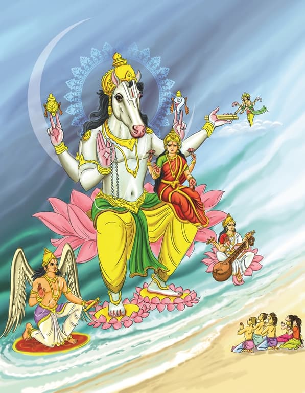 Sri Hayagri:va Swa:mi with Sri Lakshmi on a lotus, attended by Garuda and Saraswathi, restoring the Ve:da:s to Bramha